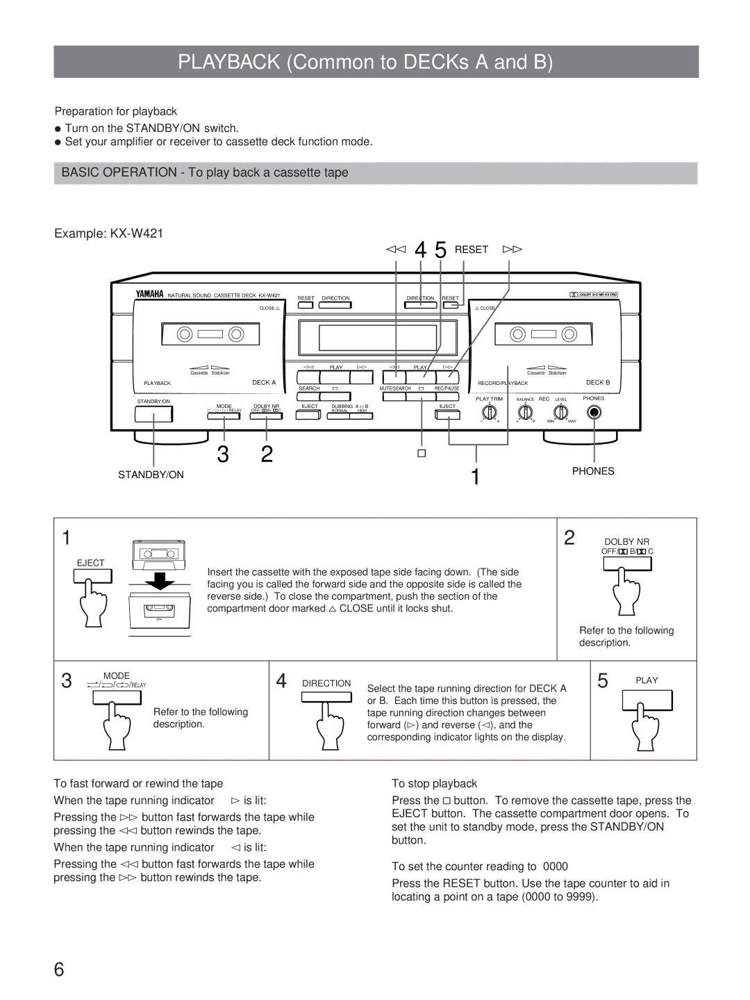 Yamaha KX-W321, KX-W421 Preparation for playback, When the tape running indicator @ is lit, To stop playback, Phones 