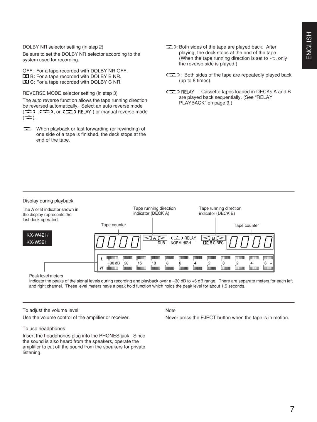 Yamaha KX-W421, KX-W321 Dolby NR selector setting in step, Reverse Mode selector setting in step, Display during playback 