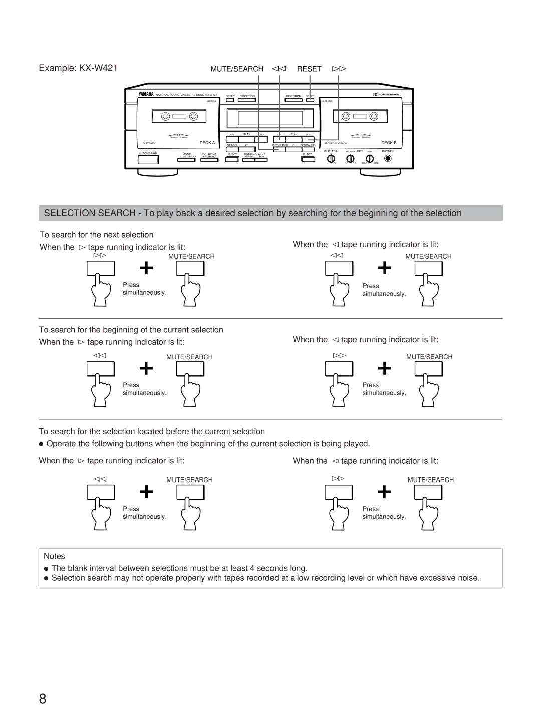 Yamaha KX-W321, KX-W421 owner manual When the @ tape running indicator is lit, MUTE/SEARCH Reset 