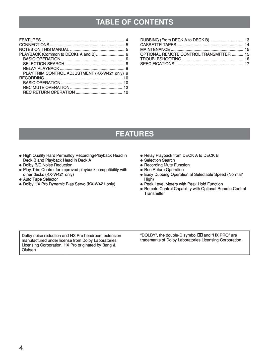 Yamaha KX-W321, KX-W421 owner manual Table Of Contents, Features 