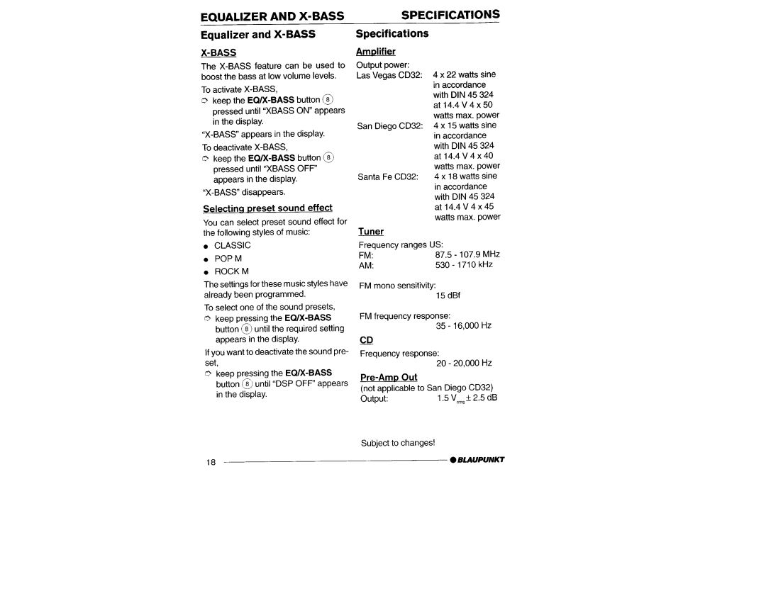 Yamaha Las Vegas CD32, Santa Fe CD32, San Diego CD32 manual Equalizer and X-BASS Specifications 