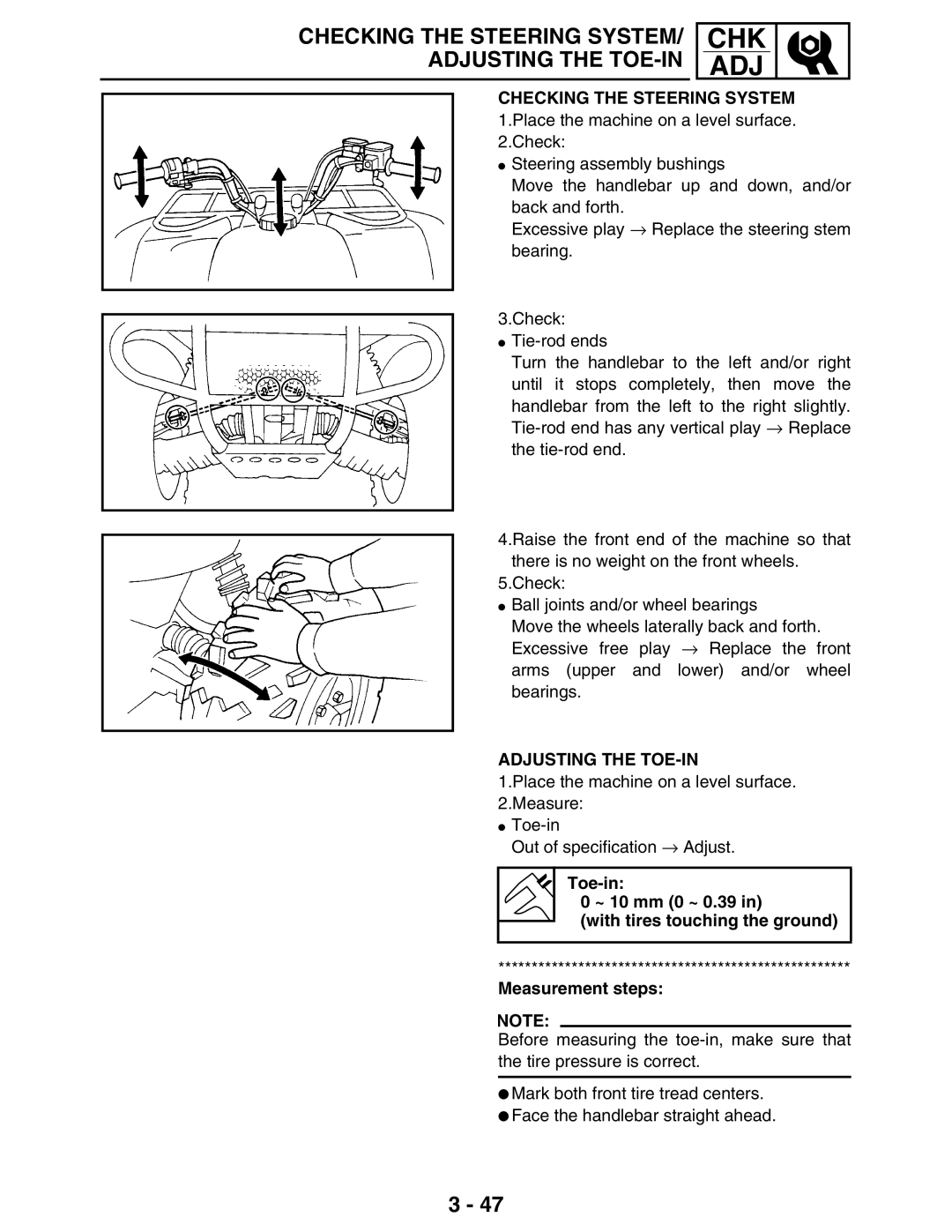 Yamaha LIT-11616-16-02, 5TE-F8197-10 service manual Checking the Steering System, Adjusting the TOE-IN 