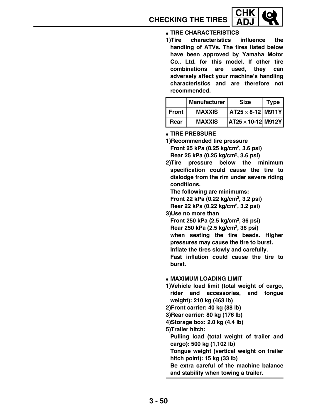 Yamaha 5TE-F8197-10, LIT-11616-16-02 Tire Characteristics, Manufacturer Size Type, Maxxis, Maximum Loading Limit 