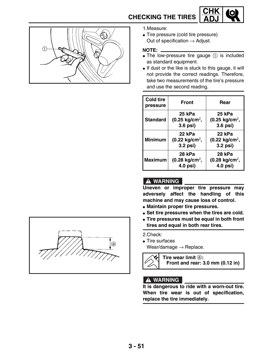 Yamaha LIT-11616-16-02, 5TE-F8197-10 service manual Cold tire Front Rear 