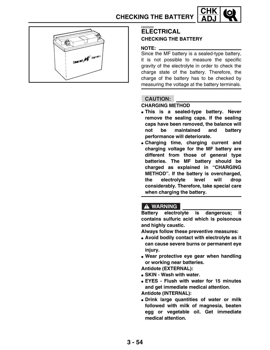 Yamaha 5TE-F8197-10, LIT-11616-16-02 service manual Checking the Battery, Charging Method 