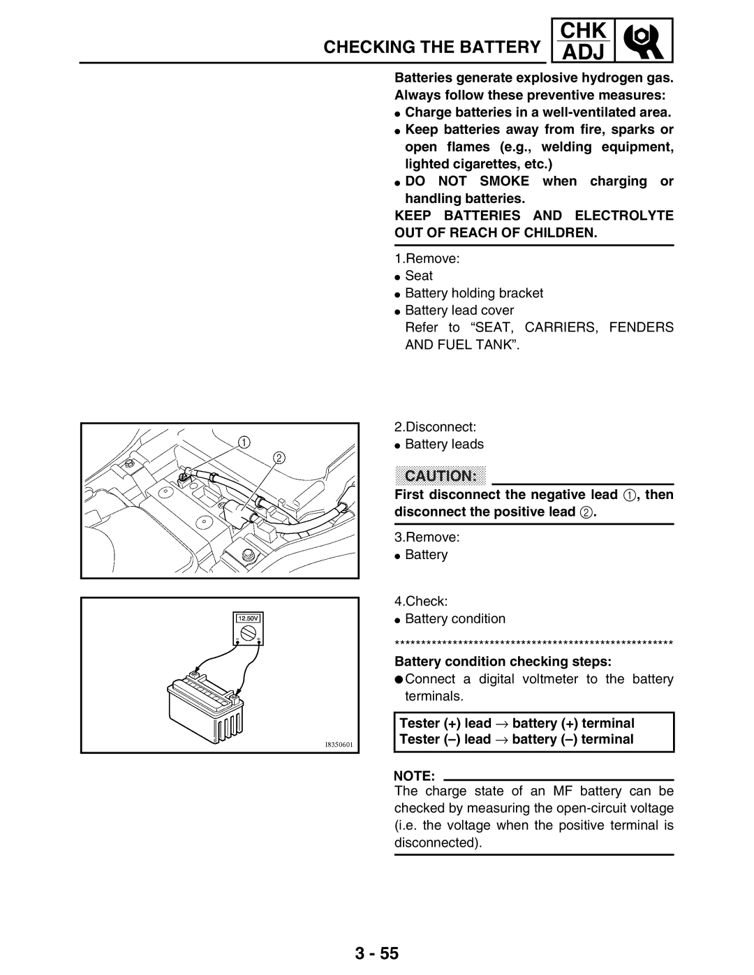 Yamaha LIT-11616-16-02 Keep Batteries and Electrolyte OUT of Reach of Children, Battery condition checking steps 