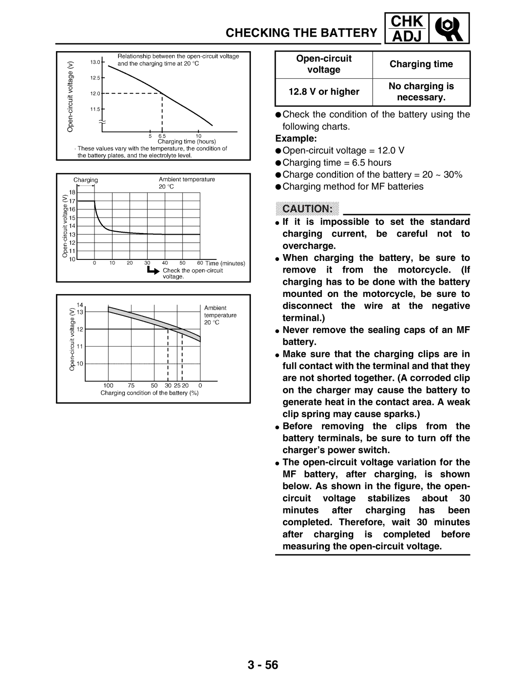 Yamaha 5TE-F8197-10, LIT-11616-16-02 service manual Open-circuit Charging time, Or higher No charging is Necessary, Example 