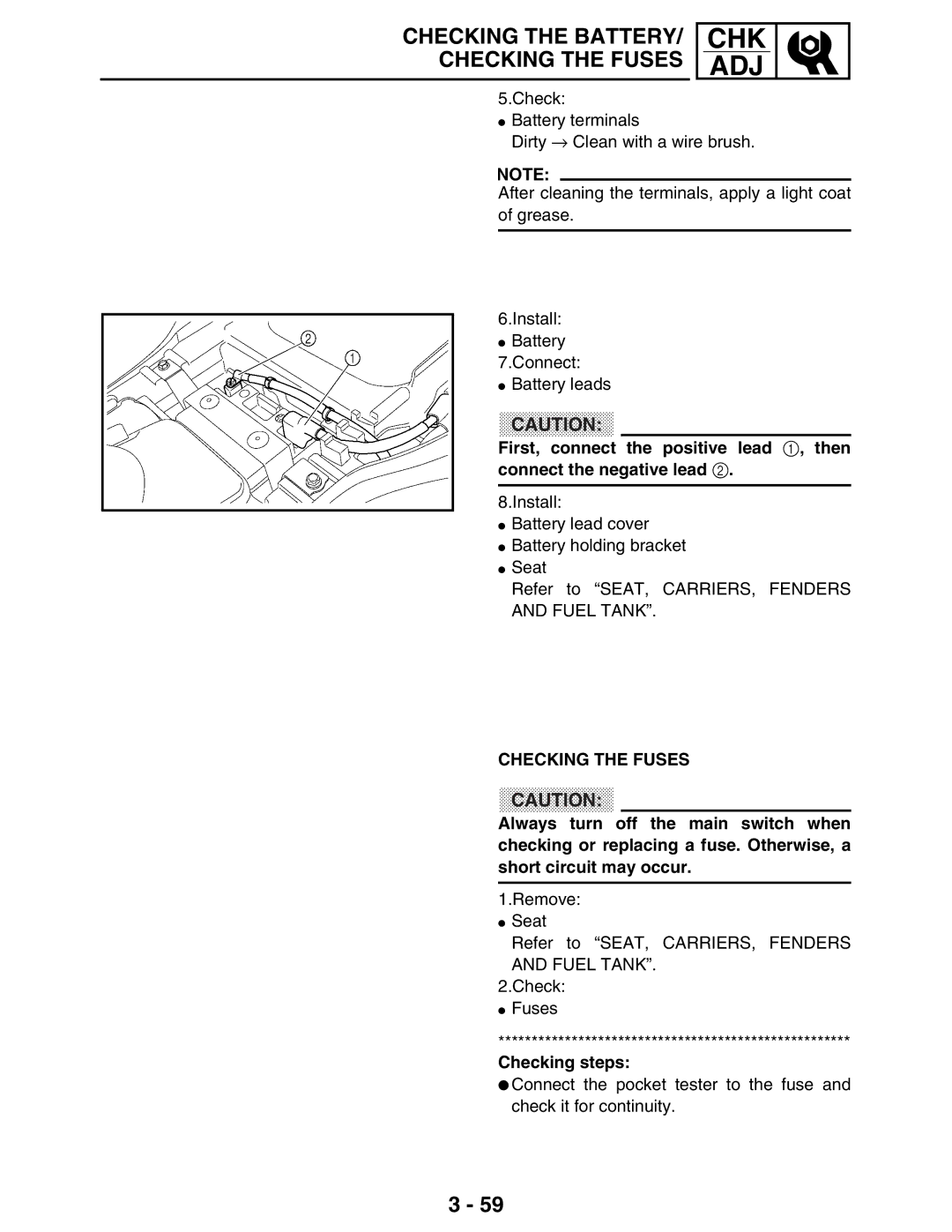 Yamaha LIT-11616-16-02, 5TE-F8197-10 service manual Checking the Fuses, Checking steps 