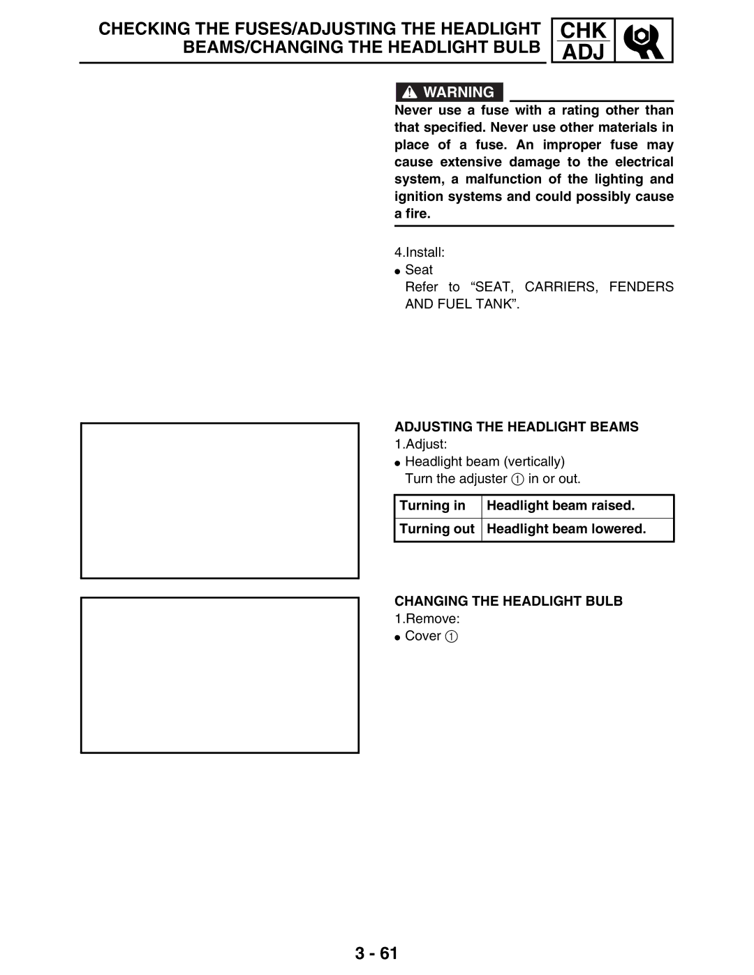 Yamaha LIT-11616-16-02, 5TE-F8197-10 service manual Adjusting the Headlight Beams, Changing the Headlight Bulb 