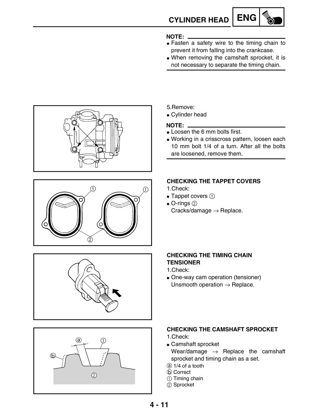 Yamaha LIT-11616-16-02 Checking the Tappet Covers, Checking the Timing Chain Tensioner, Checking the Camshaft Sprocket 