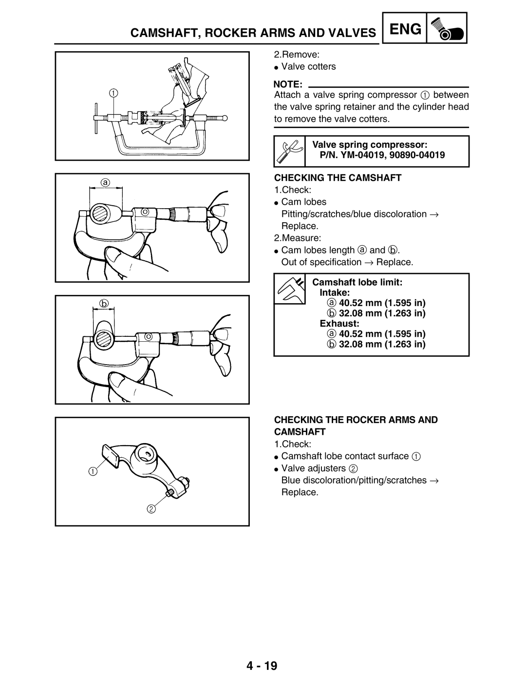 Yamaha LIT-11616-16-02 Valve spring compressor YM-04019, Checking the Camshaft, Checking the Rocker Arms and Camshaft 