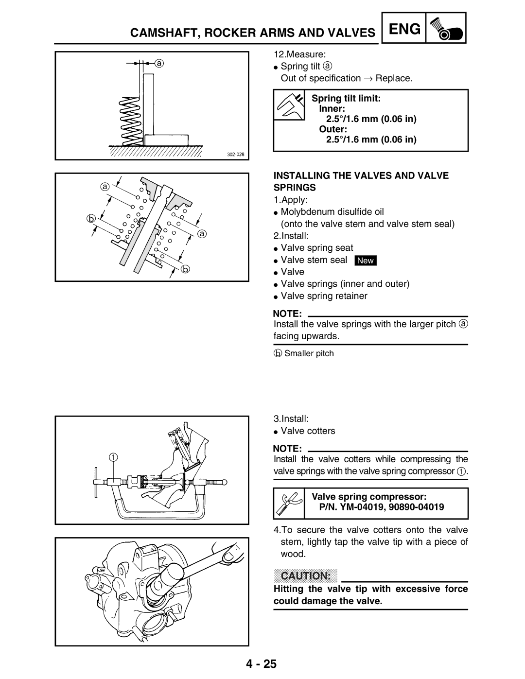 Yamaha LIT-11616-16-02, 5TE-F8197-10 Spring tilt limit Inner 1.6 mm 0.06 in Outer, Installing the Valves and Valve Springs 