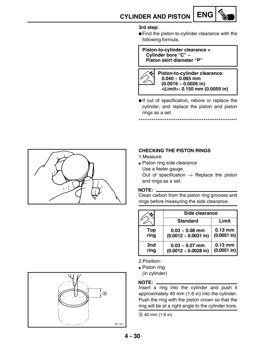 Yamaha 5TE-F8197-10 3rd step, Checking the Piston Rings, Side clearance, Standard Limit Top 03 ~ 0.08 mm 13 mm Ring 