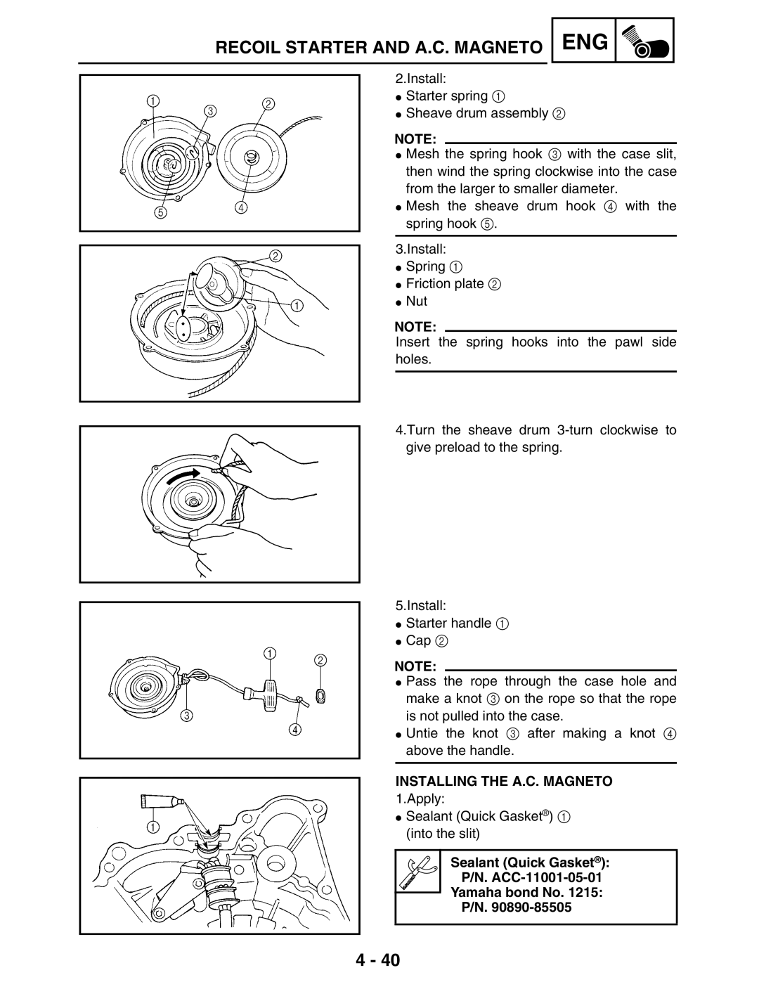 Yamaha 5TE-F8197-10, LIT-11616-16-02 Installing the A.C. Magneto, Sealant Quick Gasket ACC-11001-05-01 Yamaha bond No 