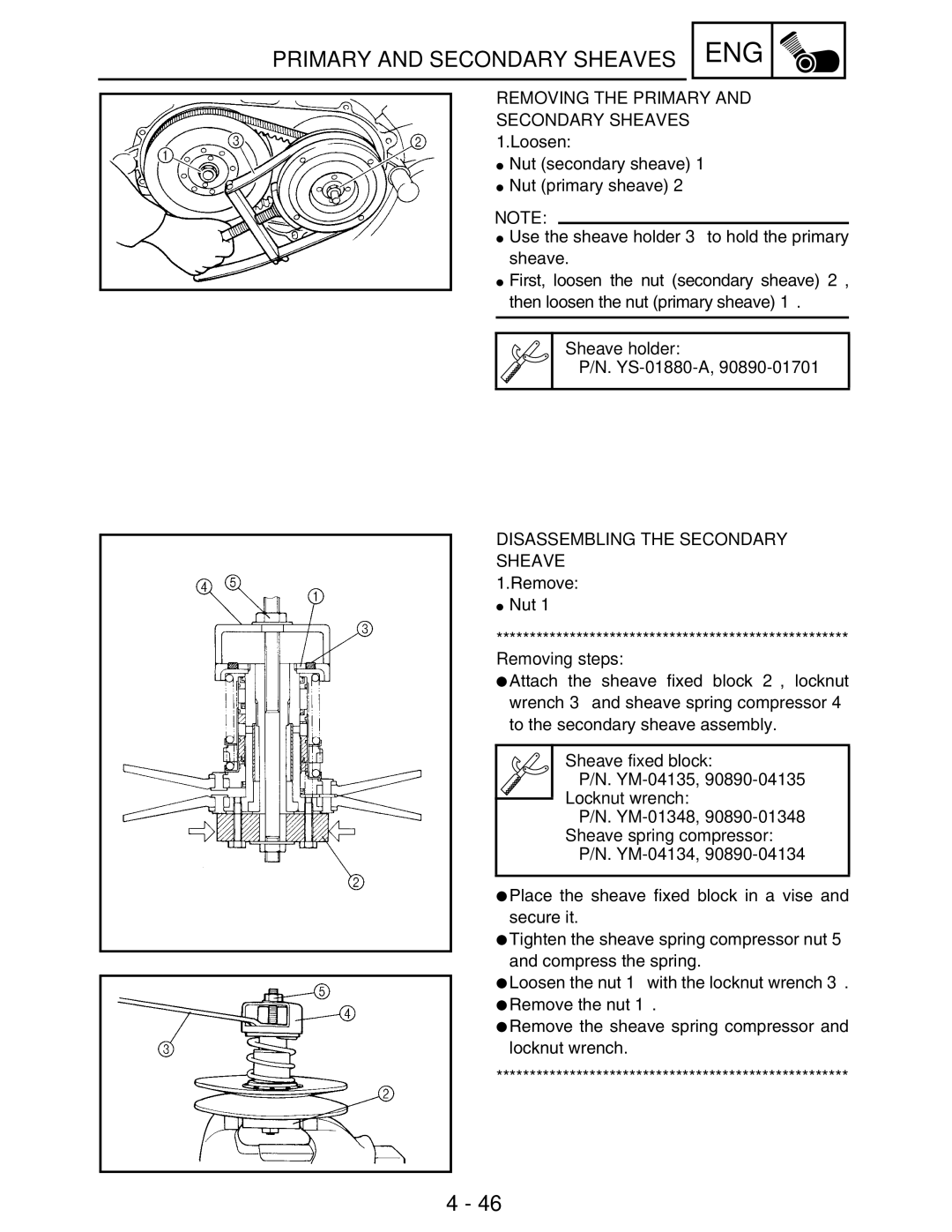 Yamaha 5TE-F8197-10 Removing the Primary Secondary Sheaves, Sheave holder YS-01880-A, Disassembling the Secondary Sheave 