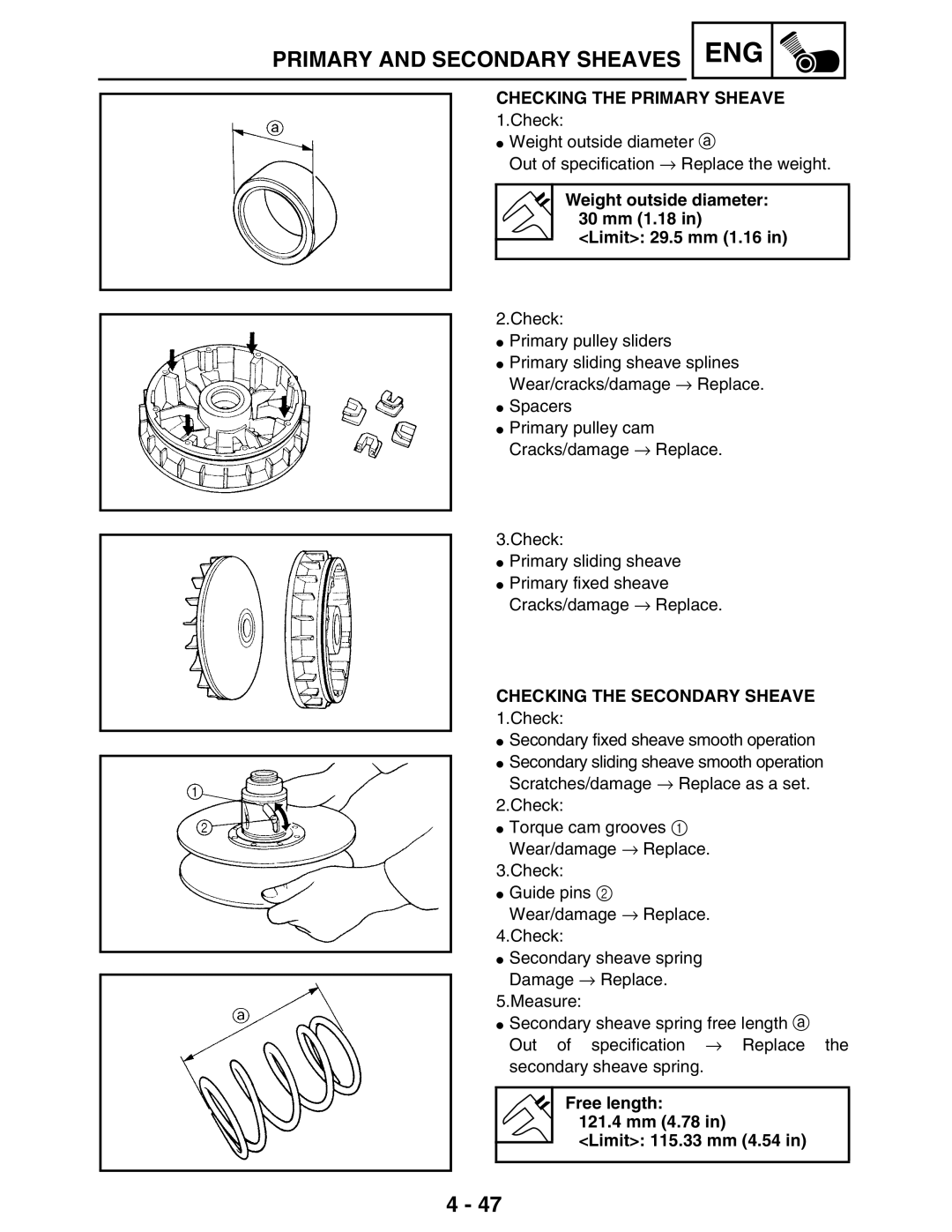 Yamaha LIT-11616-16-02, 5TE-F8197-10 Checking the Primary Sheave, Weight outside diameter 30 mm 1.18 Limit 29.5 mm 1.16 