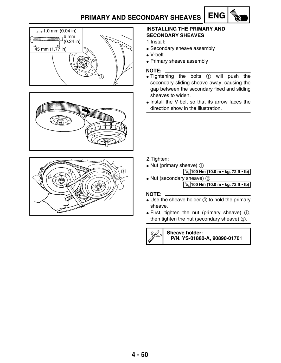 Yamaha 5TE-F8197-10, LIT-11616-16-02 service manual Installing the Primary and Secondary Sheaves, Sheave holder YS-01880-A 