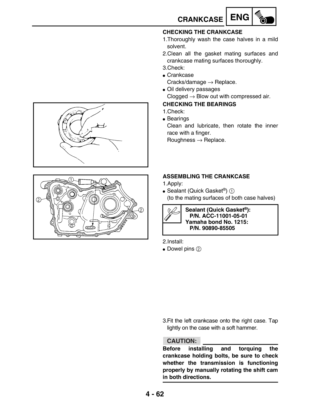 Yamaha 5TE-F8197-10, LIT-11616-16-02 service manual Checking the Crankcase, Checking the Bearings, Assembling the Crankcase 