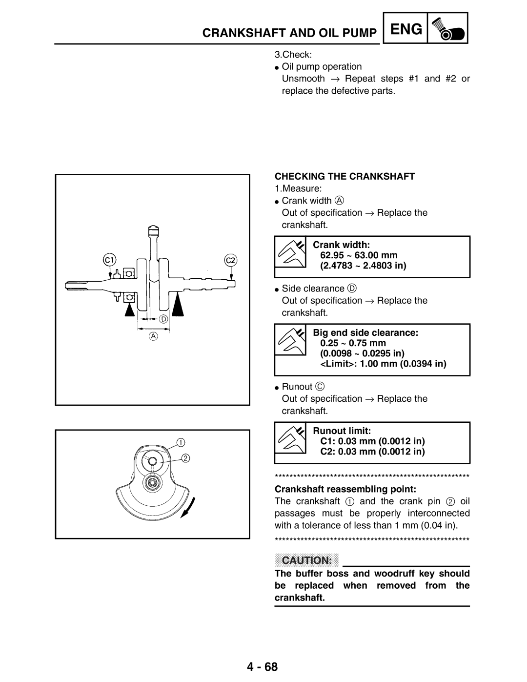 Yamaha 5TE-F8197-10, LIT-11616-16-02 service manual Checking the Crankshaft, Crank width 62.95 ~ 63.00 mm 2.4783 ~ 2.4803 