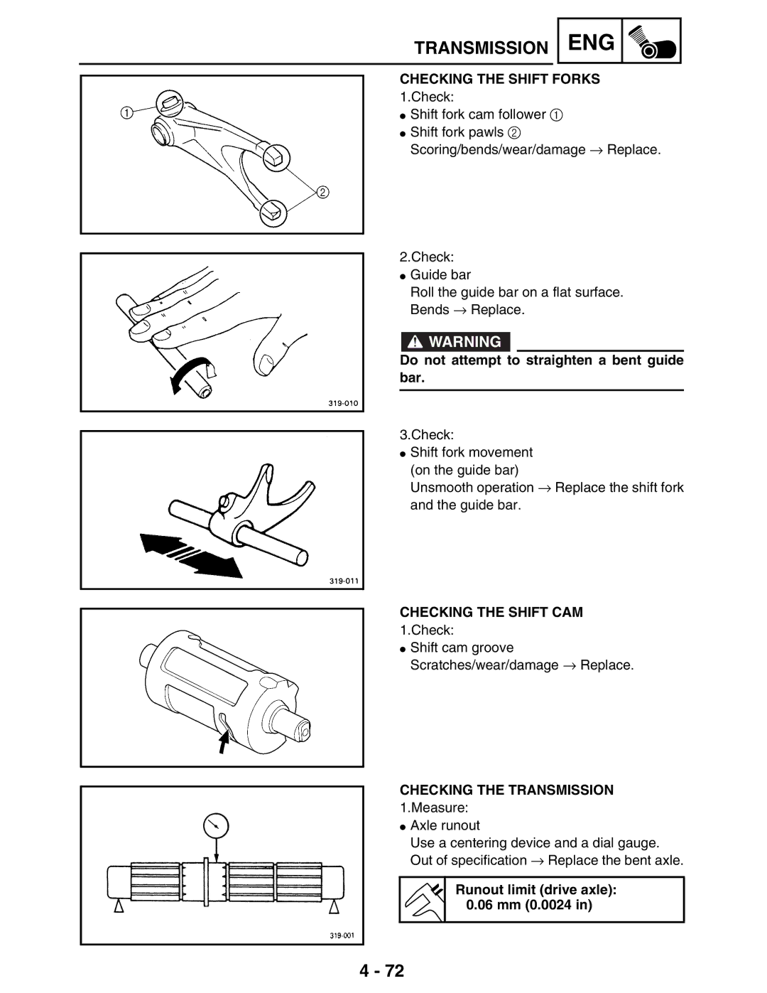 Yamaha 5TE-F8197-10 Checking the Shift Forks, Do not attempt to straighten a bent guide bar, Checking the Shift CAM 