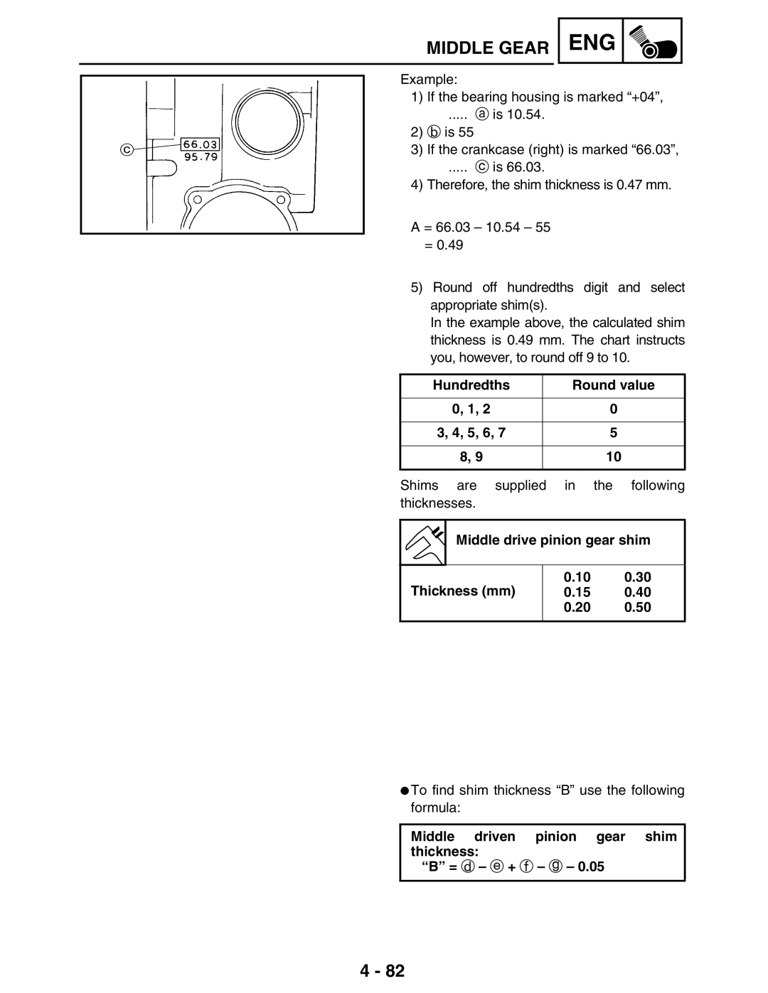 Yamaha 5TE-F8197-10, LIT-11616-16-02 service manual Hundredths Round value 5, 6, Middle drive pinion gear shim Thickness mm 