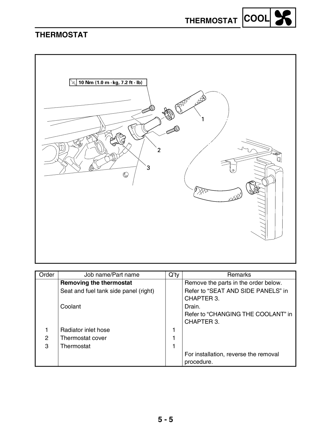 Yamaha 5TE-F8197-10, LIT-11616-16-02 service manual Removing the thermostat, Chapter 