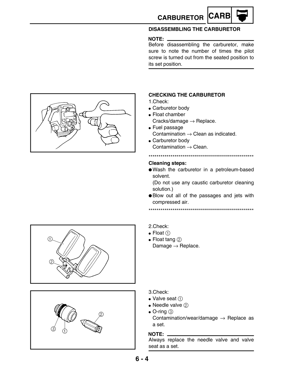 Yamaha 5TE-F8197-10, LIT-11616-16-02 service manual Disassembling the Carburetor, Checking the Carburetor 