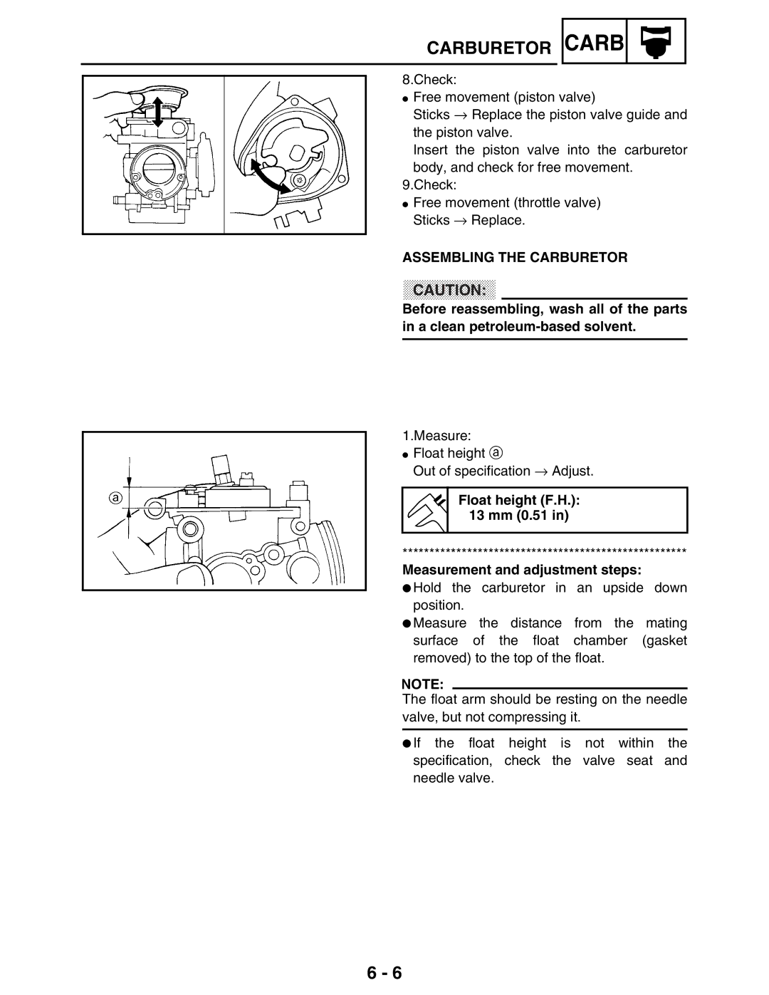 Yamaha 5TE-F8197-10, LIT-11616-16-02 Assembling the Carburetor, Float height F.H mm 0.51 Measurement and adjustment steps 