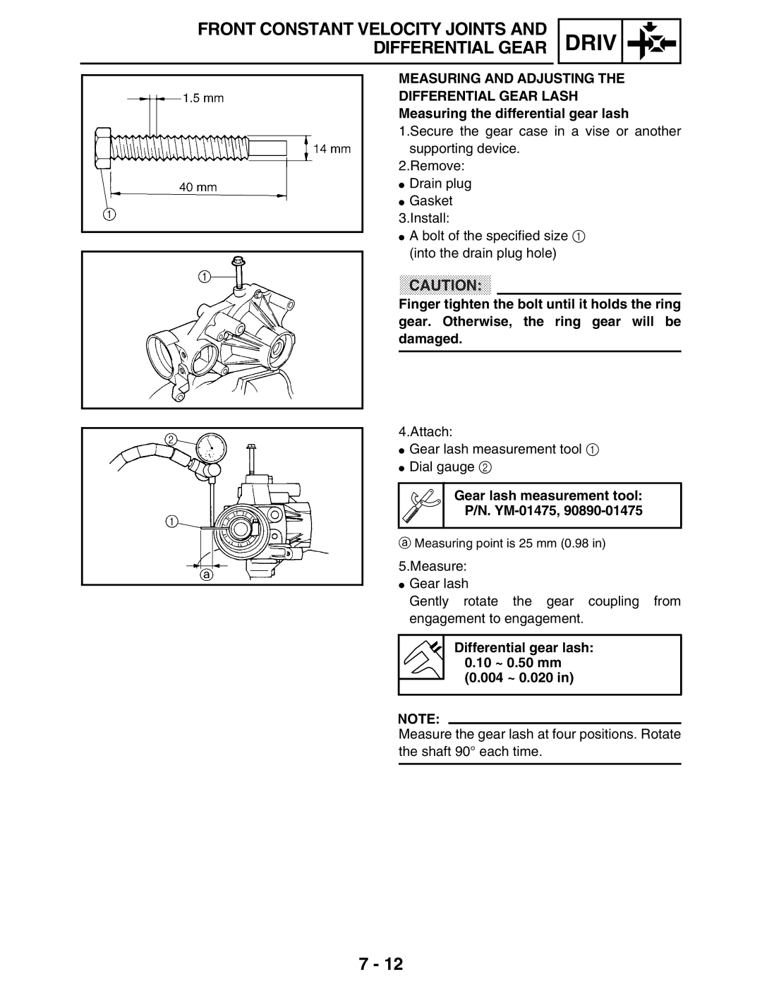 Yamaha LIT-11616-16-02 Gear lash measurement tool YM-01475, Differential gear lash 10 ~ 0.50 mm 0.004 ~ 0.020 