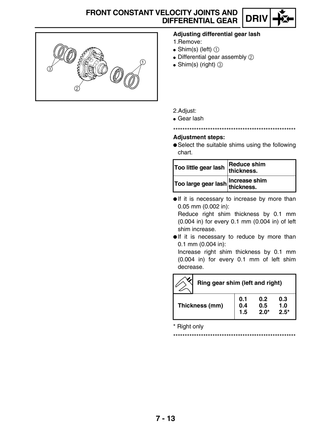 Yamaha 5TE-F8197-10, LIT-11616-16-02 service manual Adjusting differential gear lash, Reduce shim, Increase shim 