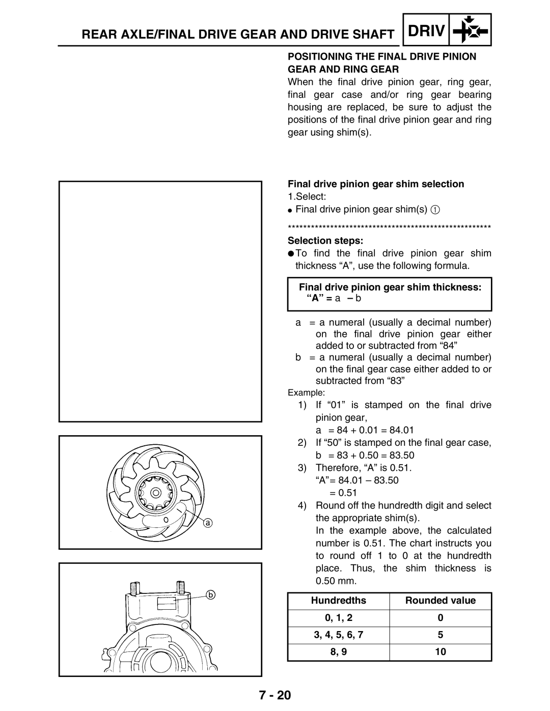 Yamaha LIT-11616-16-02 Positioning the Final Drive Pinion Gear and Ring Gear, Final drive pinion gear shim selection 