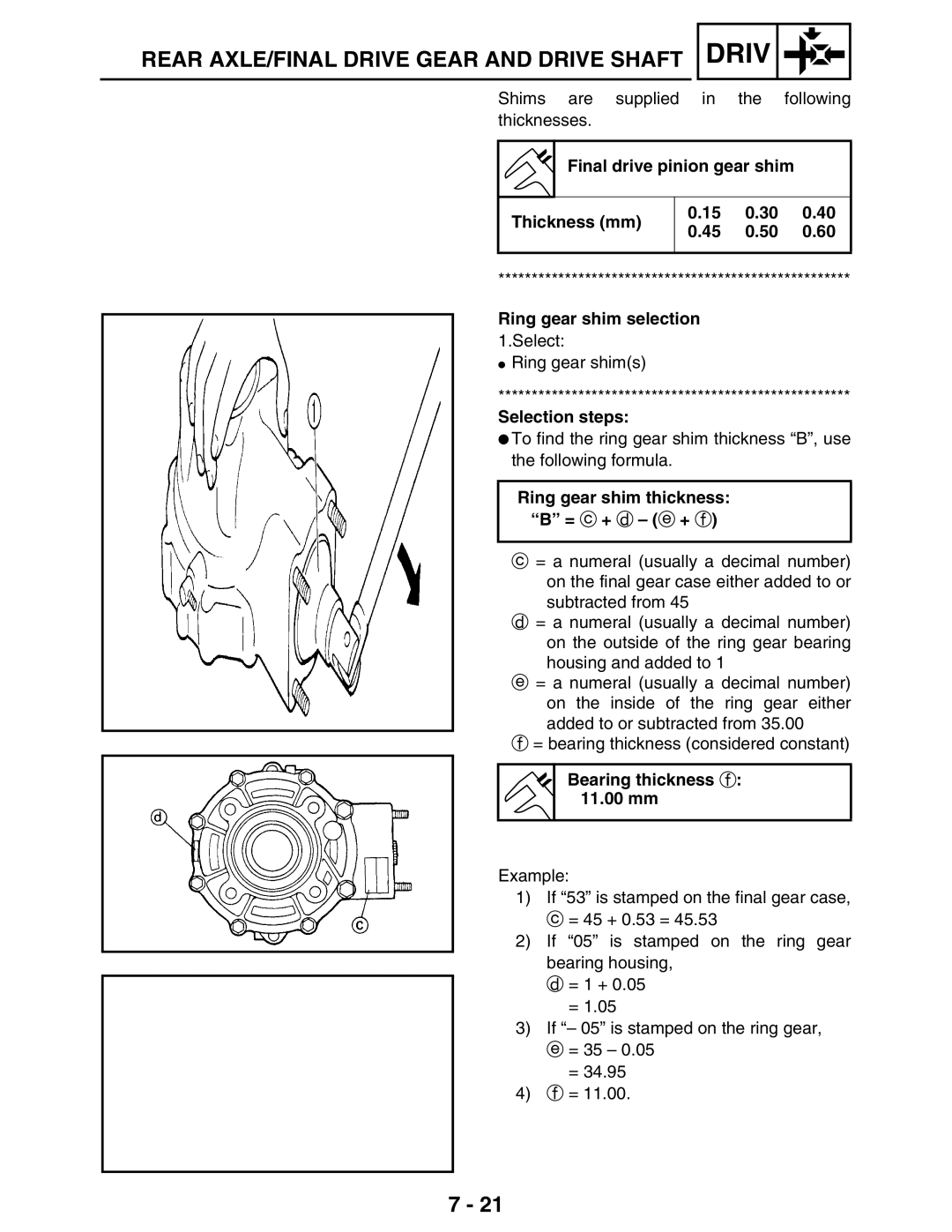 Yamaha 5TE-F8197-10, LIT-11616-16-02 service manual Ring gear shim thickness = c + d e + f, Bearing thickness f 11.00 mm 