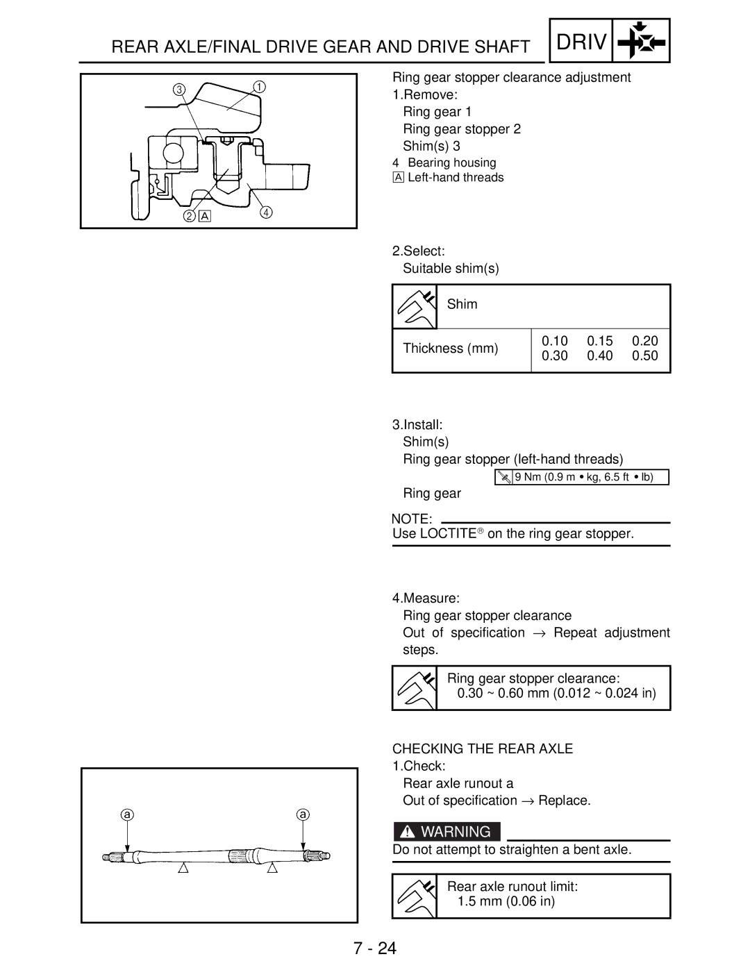 Yamaha LIT-11616-16-02, 5TE-F8197-10 Ring gear stopper clearance adjustment, Shim Thickness mm, Checking the Rear Axle 