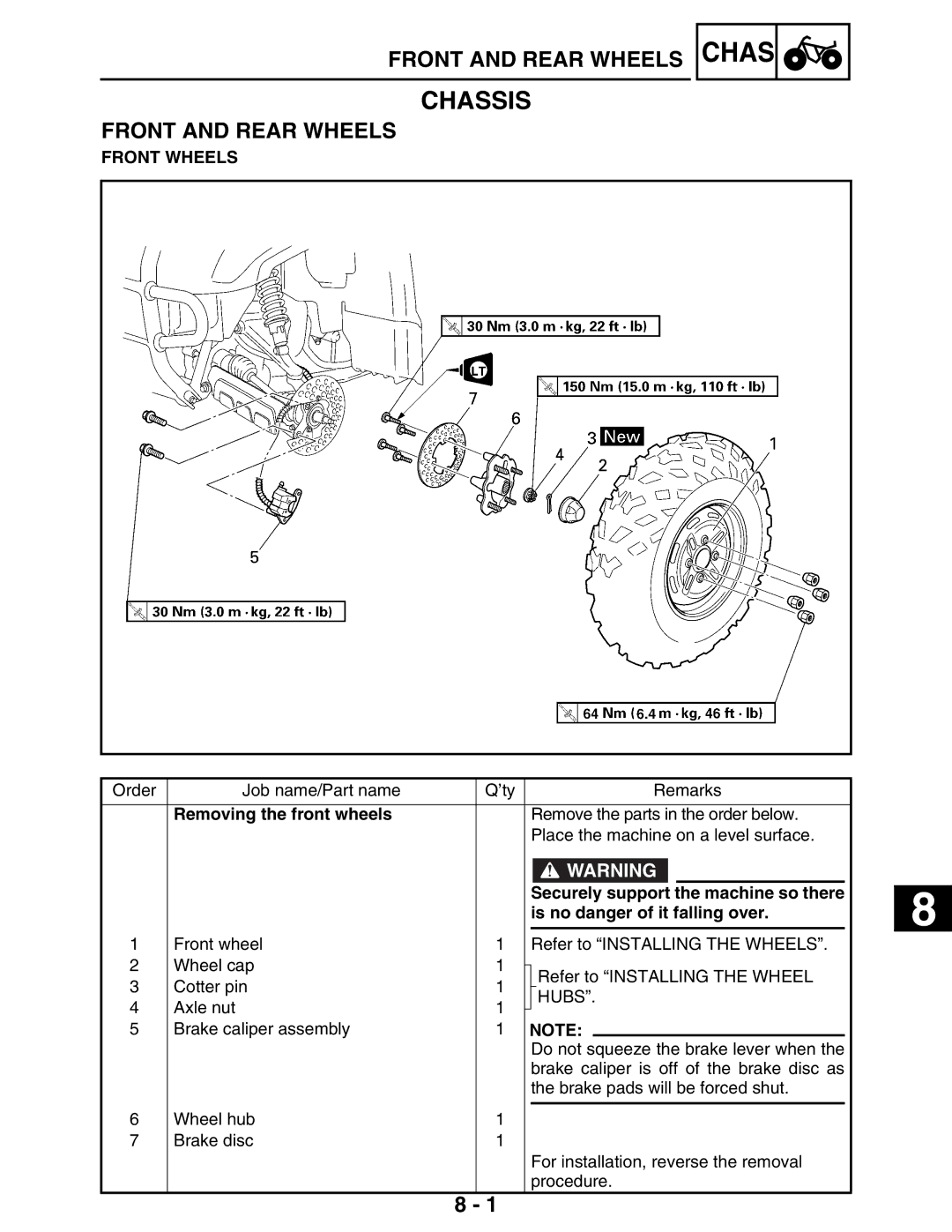 Yamaha LIT-11616-16-02, 5TE-F8197-10 Front Wheels, Removing the front wheels, Is no danger of it falling over, Hubs 