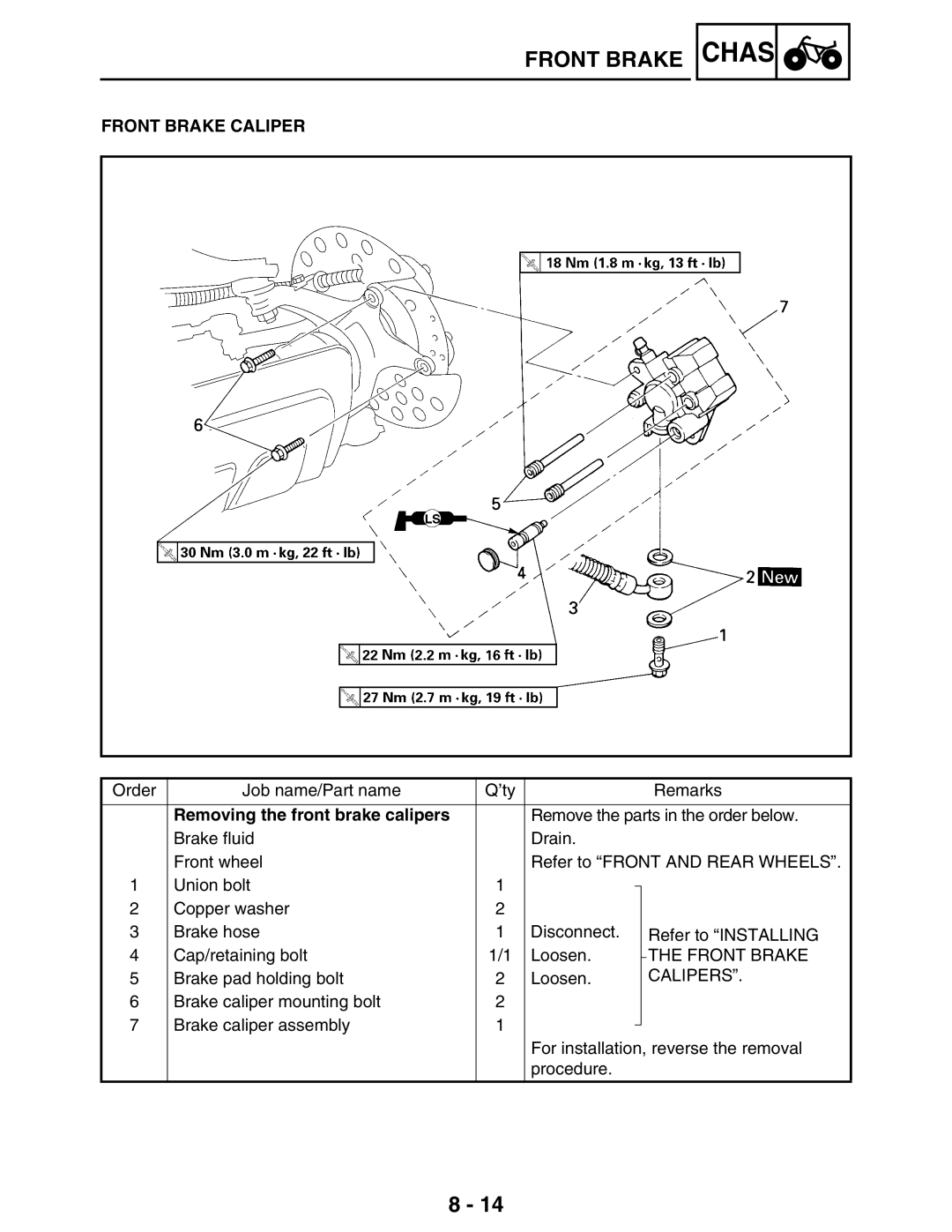 Yamaha 5TE-F8197-10, LIT-11616-16-02 service manual Front Brake Caliper, Removing the front brake calipers, Calipers 