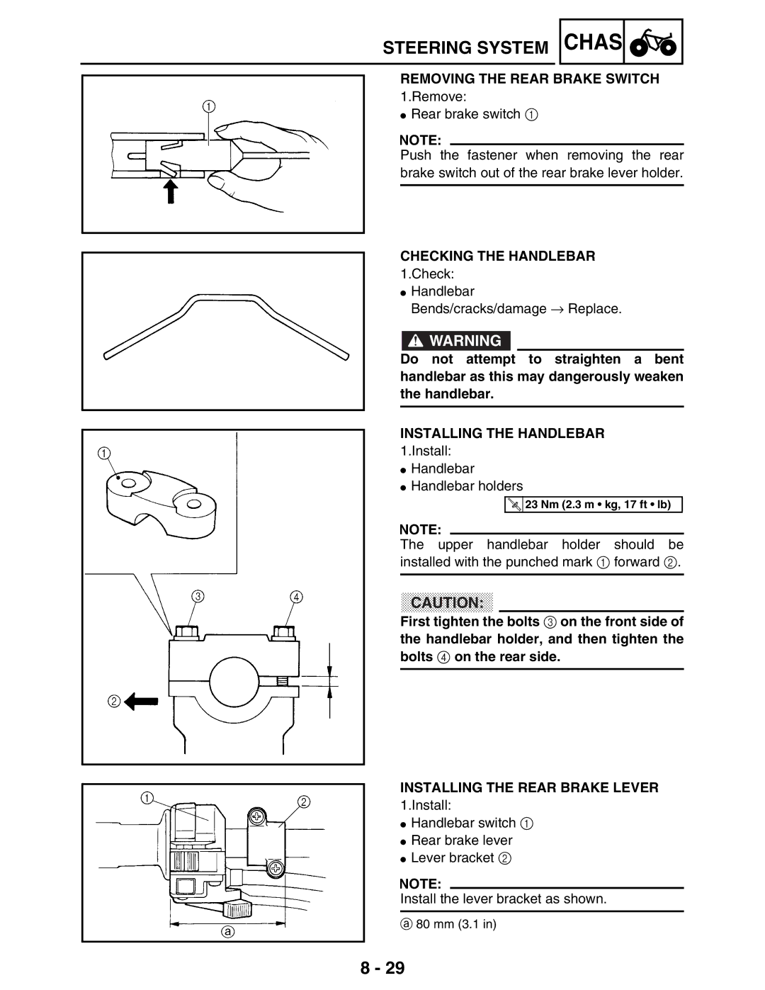 Yamaha LIT-11616-16-02, 5TE-F8197-10 Removing the Rear Brake Switch, Checking the Handlebar, Installing the Handlebar 