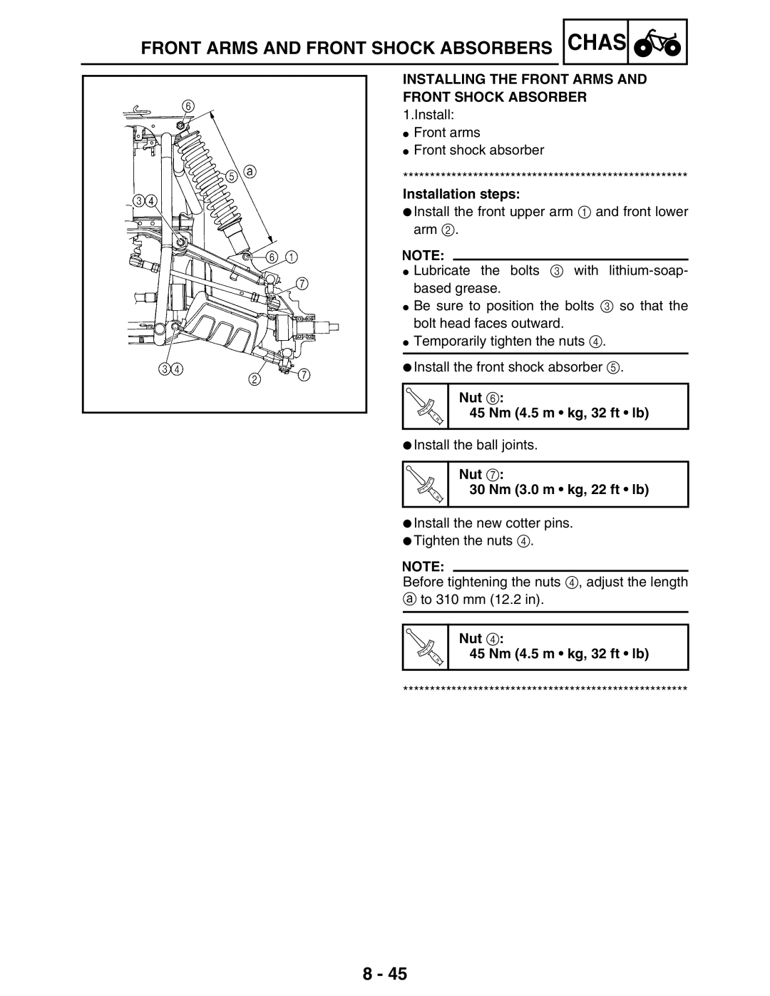 Yamaha LIT-11616-16-02, 5TE-F8197-10 Installing the Front Arms and Front Shock Absorber, Nut 45 Nm 4.5 m kg, 32 ft lb 