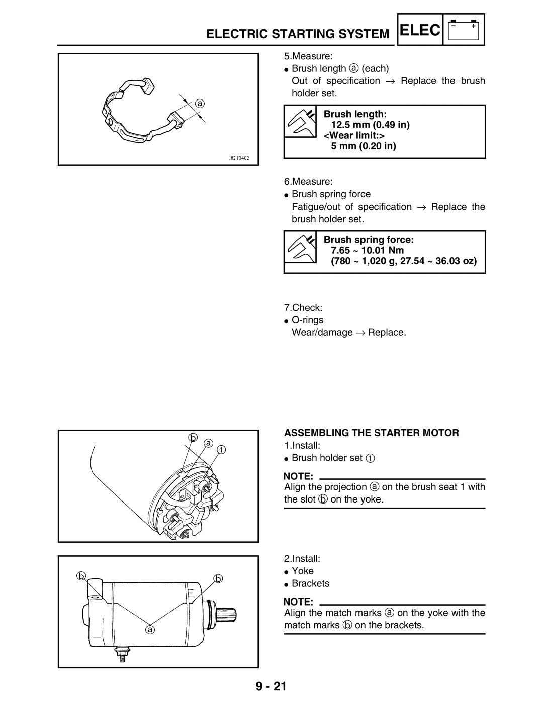 Yamaha LIT-11616-16-02, 5TE-F8197-10 Brush length 12.5 mm 0.49 Wear limit 5 mm 0.20, Assembling the Starter Motor 