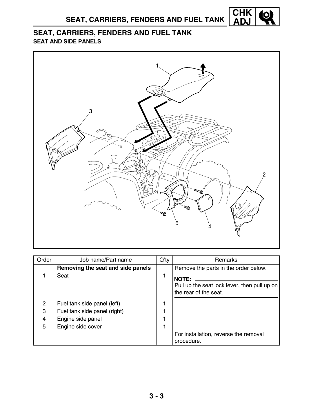 Yamaha LIT-11616-16-02, 5TE-F8197-10 service manual Seat and Side Panels, Removing the seat and side panels 