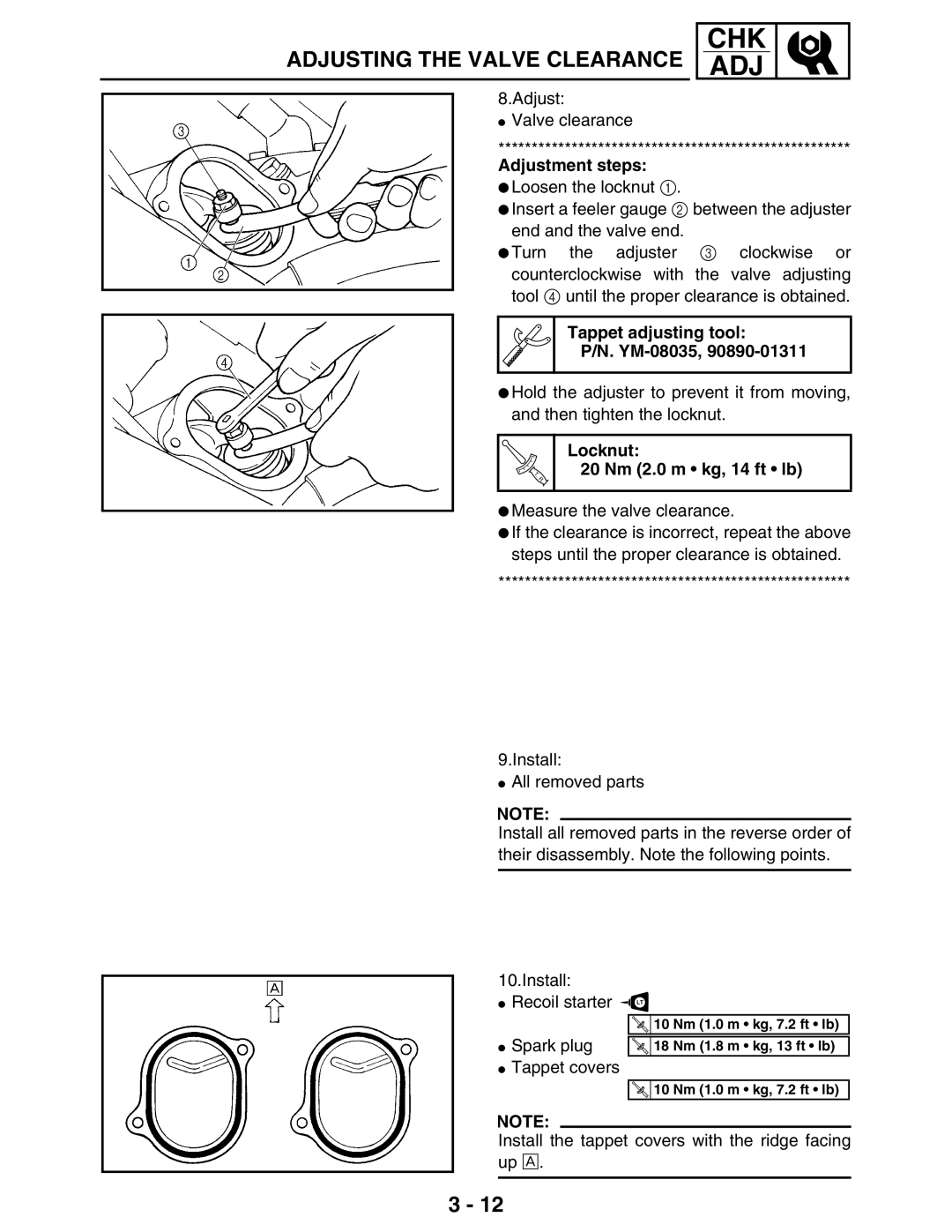 Yamaha 5TE-F8197-10, LIT-11616-16-02 Adjustment steps, Tappet adjusting tool YM-08035, Locknut 20 Nm 2.0 m kg, 14 ft lb 