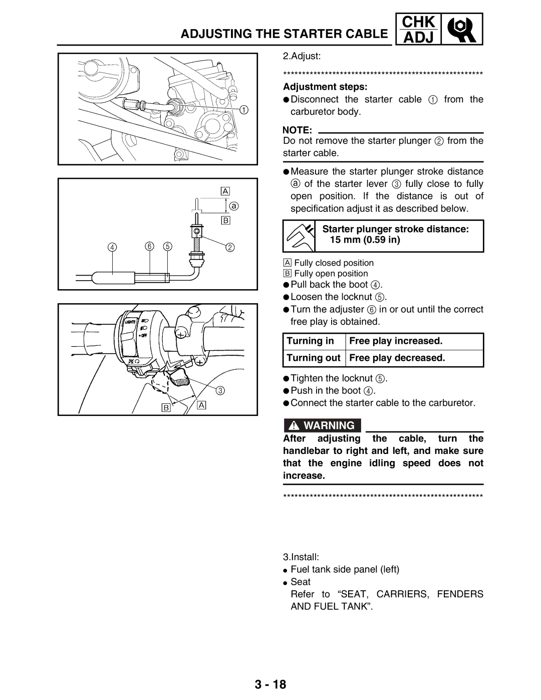 Yamaha 5TE-F8197-10, LIT-11616-16-02 service manual Adjustment steps, Starter plunger stroke distance 15 mm 0.59 