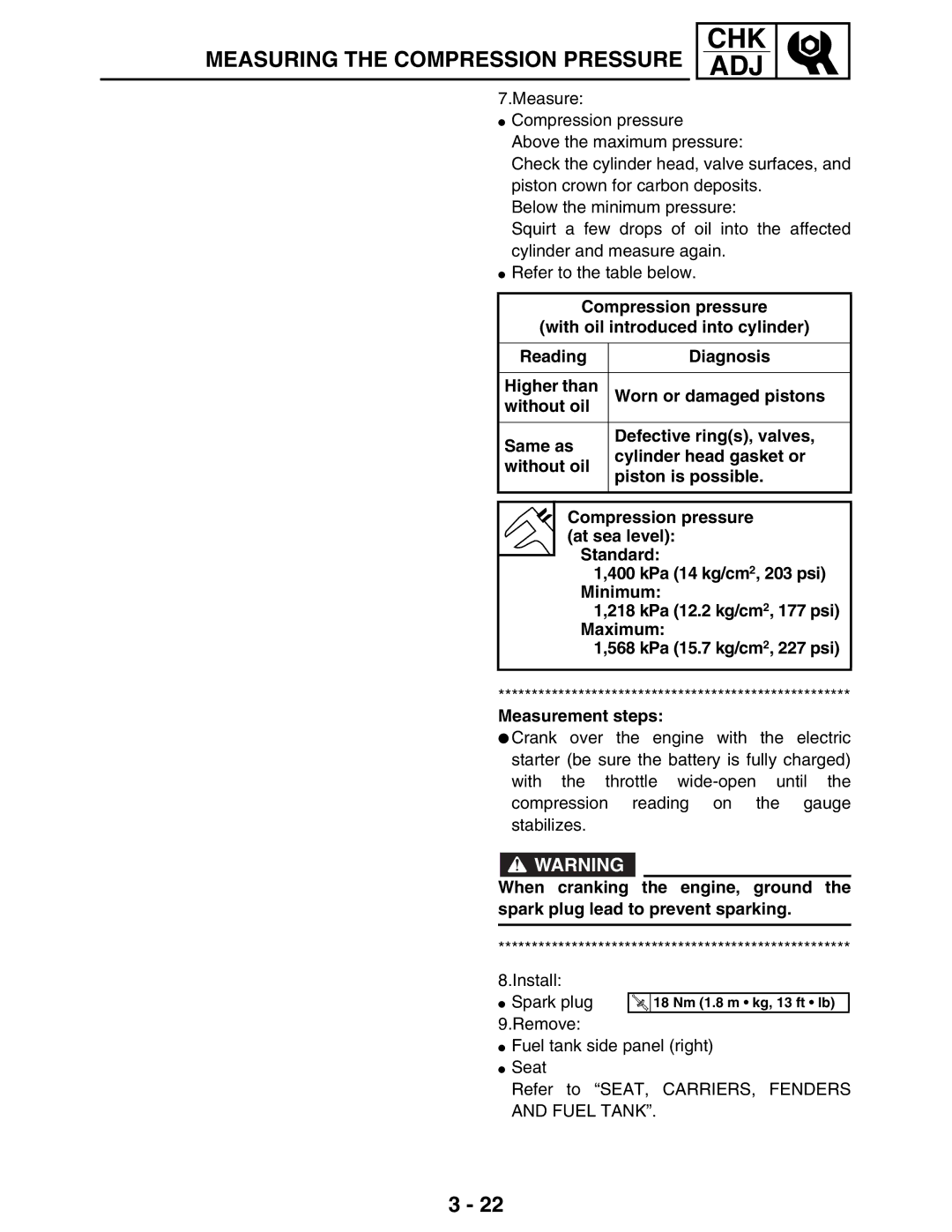 Yamaha 5TE-F8197-10, LIT-11616-16-02 service manual Measuring the Compression Pressure 