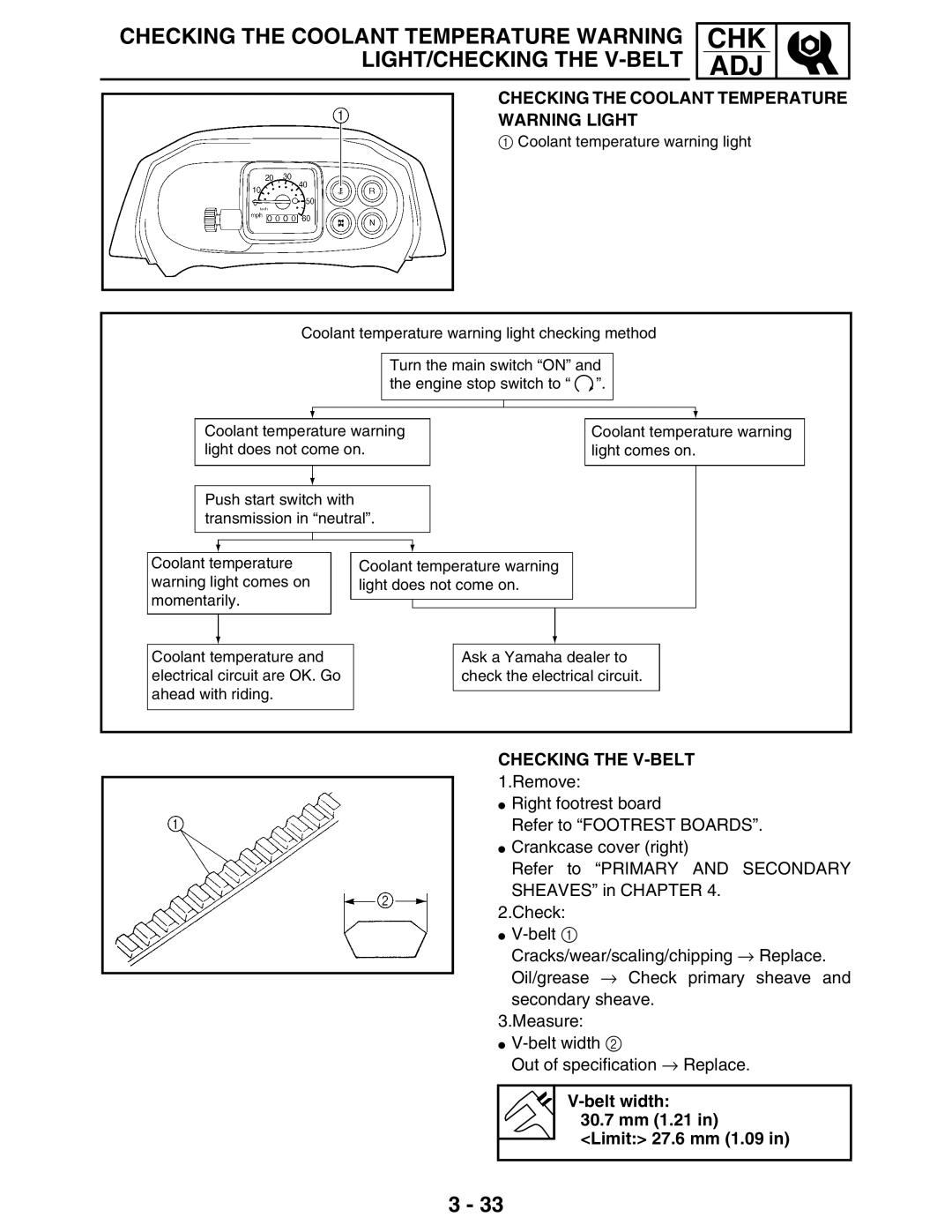 Yamaha LIT-11616-16-02, 5TE-F8197-10 service manual Checking the Coolant Temperature, Checking the V-BELT 