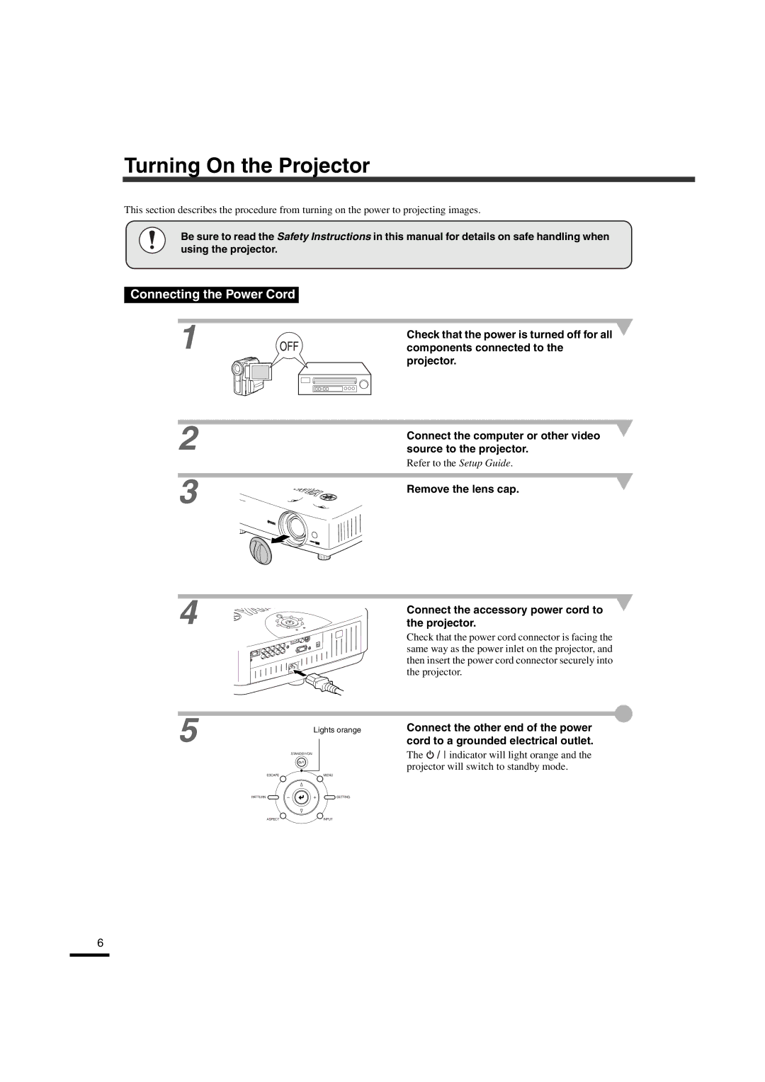 Yamaha LPX-510 owner manual Turning On the Projector, Connecting the Power Cord, Components connected to 