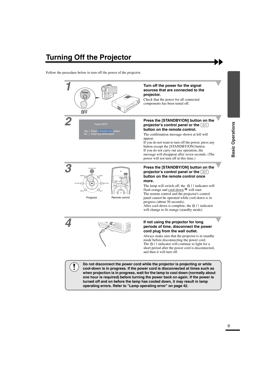 Yamaha LPX-510 owner manual Turning Off the Projector, If not using the projector for long, Cord plug from the wall outlet 