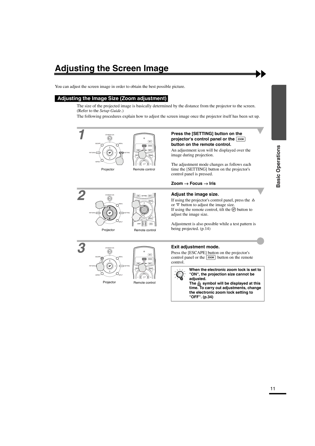 Yamaha LPX-510 owner manual Adjusting the Screen Image, Adjusting the Image Size Zoom adjustment, Adjust the image size 