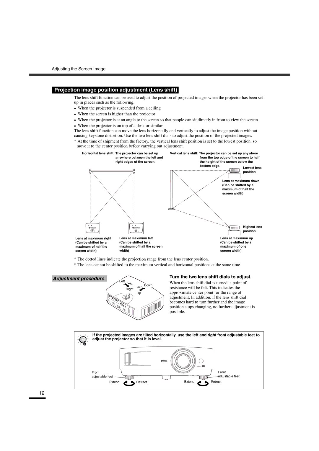 Yamaha LPX-510 owner manual Projection image position adjustment Lens shift, Turn the two lens shift dials to adjust 