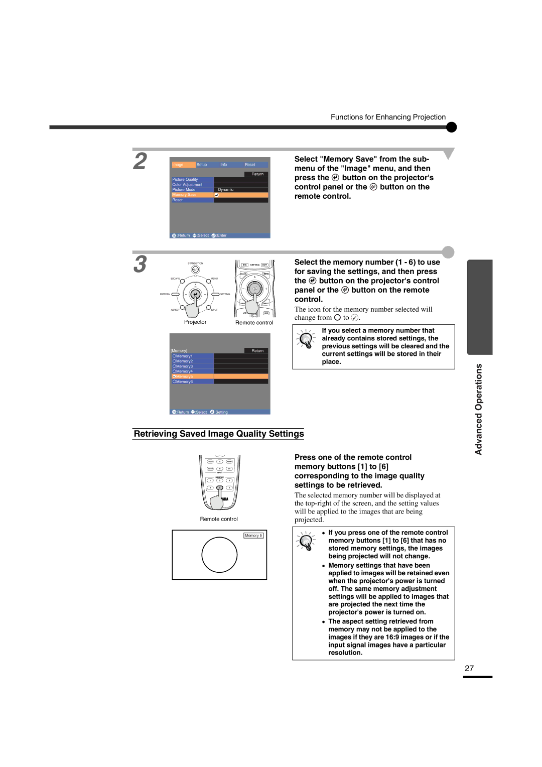 Yamaha LPX-510 owner manual Retrieving Saved Image Quality Settings, Control panel or the button on 