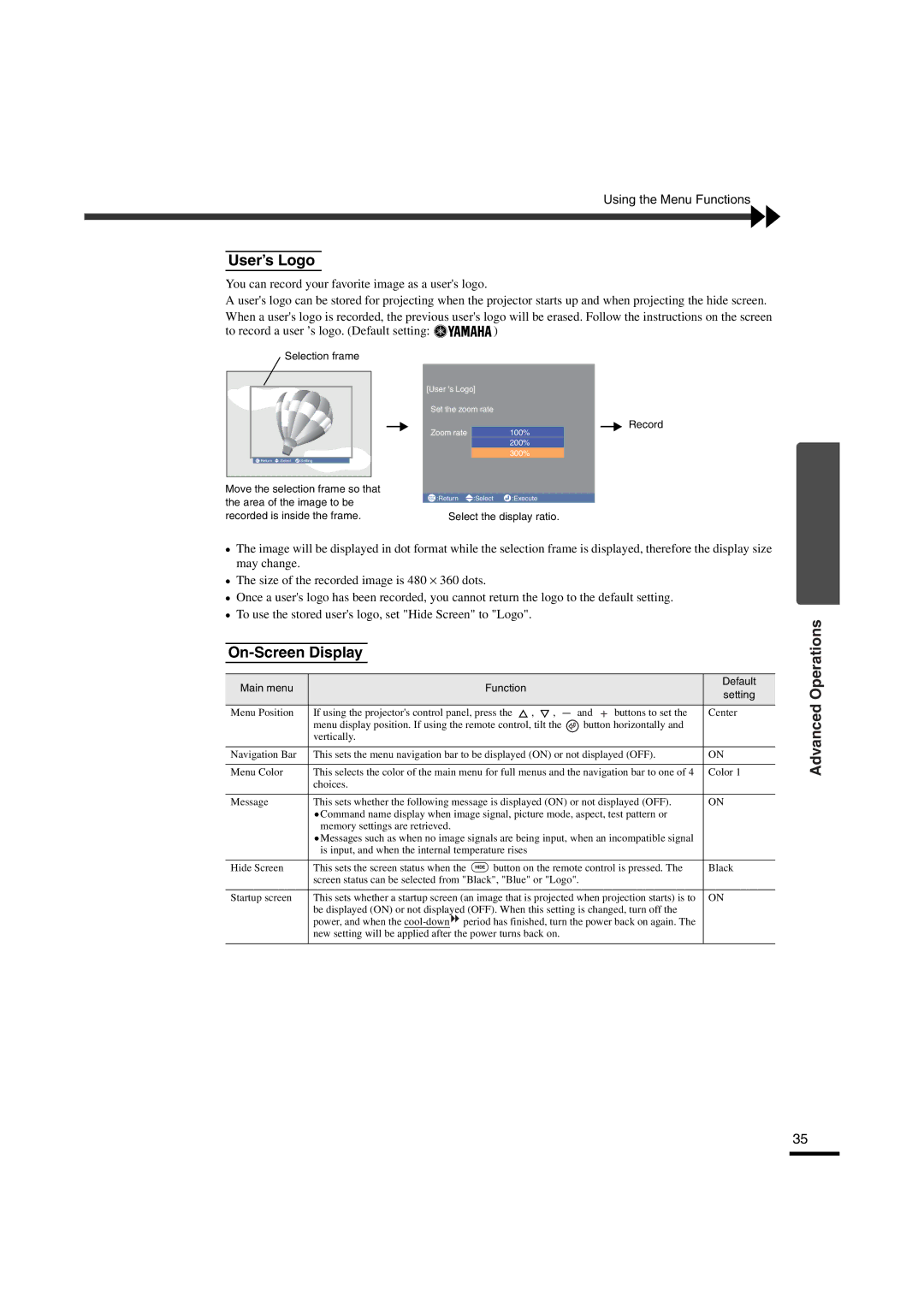 Yamaha LPX-510 owner manual User’s Logo, On-Screen Display 