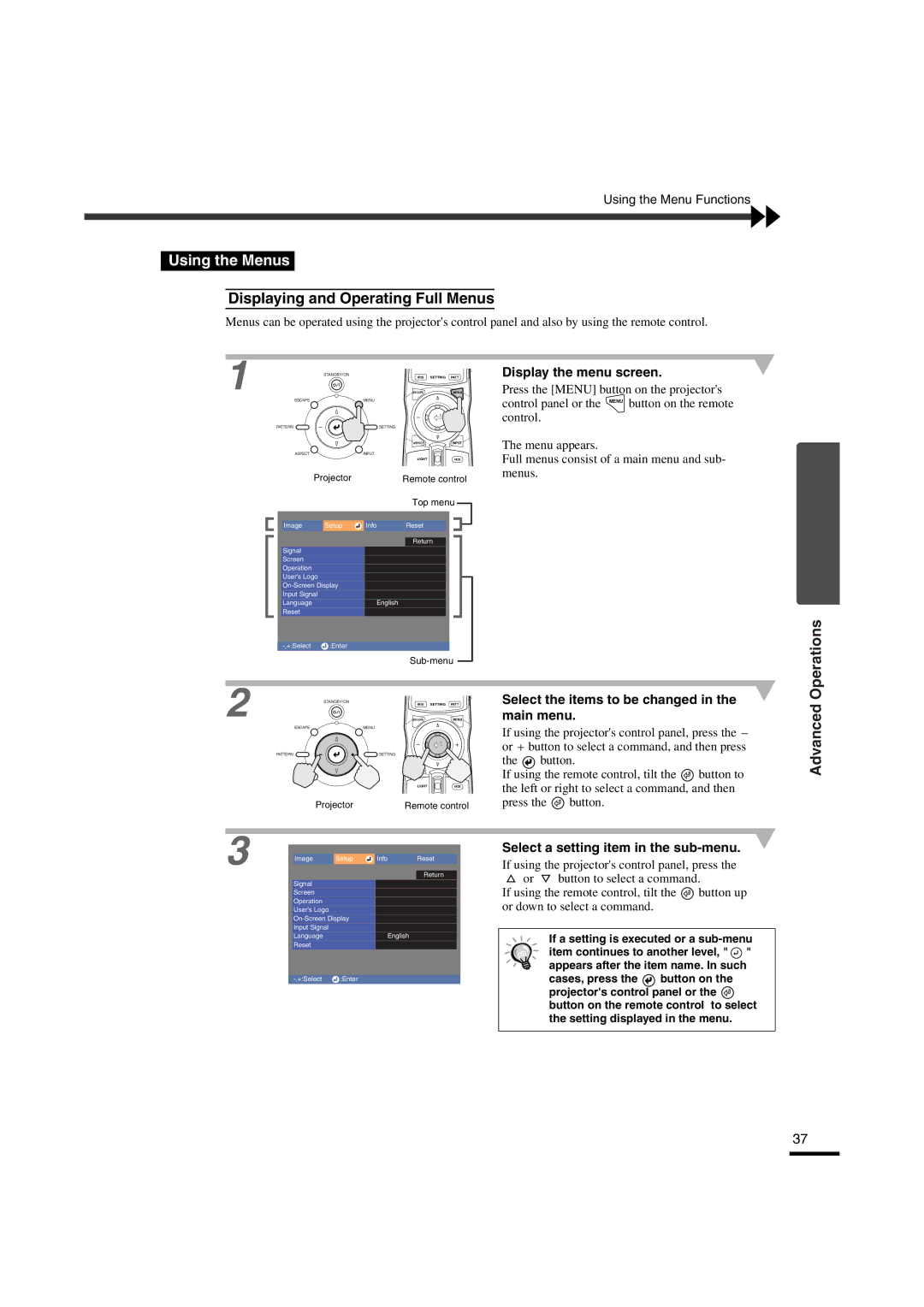 Yamaha LPX-510 owner manual Using the Menus, Displaying and Operating Full Menus, Display the menu screen 